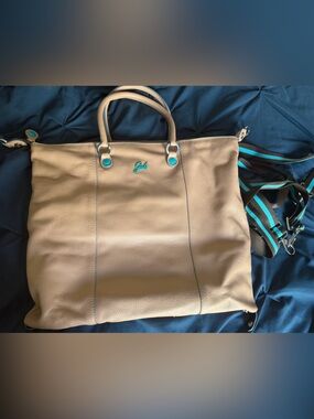 Gabs Multi-Wear Beige Tote with Teal Accent Logo and Striped Strap